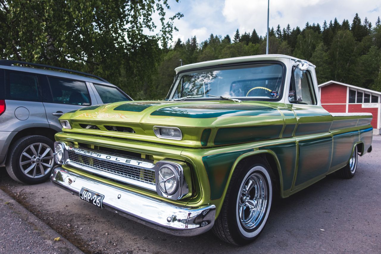 gallery-4 Classic green Chevrolet C10 truck spotted in Lahti, Finland, showcasing vintage design in an urban setting.